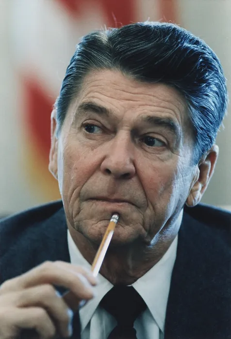Framed Print : Portrait of a pensive President Reagan at a cabinet room meeting. November 1 1983. PO-USP-Reagan_NA-12-0069M Framed Print : Portrait of a pensive President Reagan at a cabinet room meeting. November 1 1983. PO-USP-Reagan_NA-12-0069M