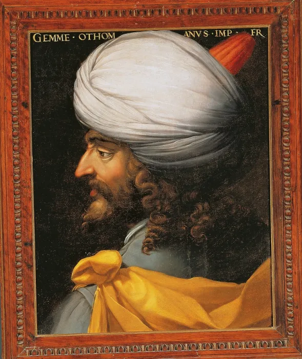 Framed Print : Portrait of the Prince Djem, by Cristofano DellAltissimo di Papi, 1580 about, 16th Century, oil on panel, cm 59 x 45 - Italy, Tuscany, Florence, Uffizi Gallery