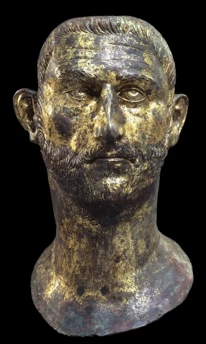 Framed Print : Portrait of Probus, 3rd Century, gilded bronze - Italy, Lombardy, Brescia, Museo Civico di Santa Giulia. Whole artwork view. Male portrait of the emperor Probo
