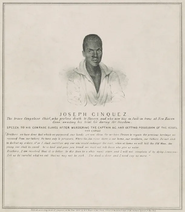 Framed Print : Portrait of Sengbe Pieh / Joseph Cinqu above a newspaper description of his ordeal