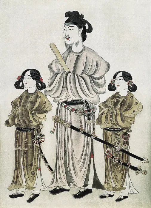 Framed Print : Portrait of Shotoku Taishi and his daughters. 8th century. Japanese art. Painting. JAPAN. Tokyo. Tokyo National Museum