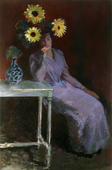 Framed Print : Portrait of Suzanne with Sunflowers (Portrait de Suzanne aux soleils), by Claude Monet, 1890, 19th Century, oil on canvas, 162 x 107 cm - Private collection. Whole artwork view