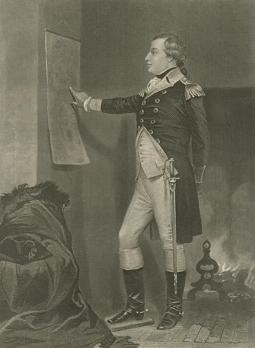 Framed Print : Portrait of a uniformed Major General Richard Montgomery, studying a wall map. He was a Anglo-Irish Veteran of two British wars: Seven Years War and Pontiacs War