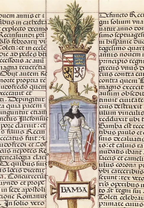 Framed Print : Portrait of the Visigothic king Wamba. Picture of the work 'Genealoga de los Reyes de Espaa' by Alonso de Cartagena. Miniature Painting. SPAIN. Madrid. National Library