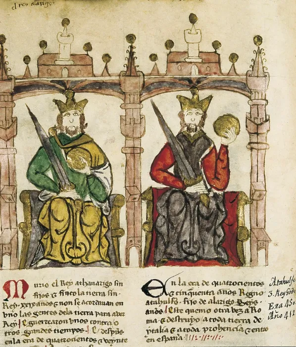 Framed Print : Portrait of the Visigothic kings Alaric I (left) and Ataulf. Illustration of 'Semblanza de Reyes'. Miniature Painting. SPAIN. Madrid. National Library