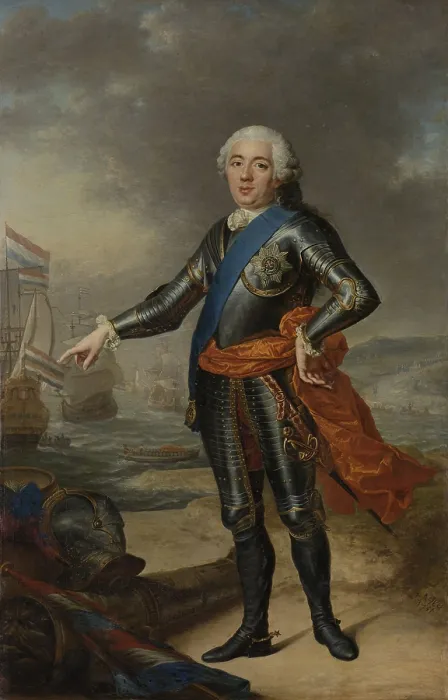 Framed Print : Portrait of William IV, Jacques-Andr-Joseph Aved, 1751, Dutch painting, oil on canvas. Prince of Orange-Nassau in armor in a coastal landscape, with ships in the background