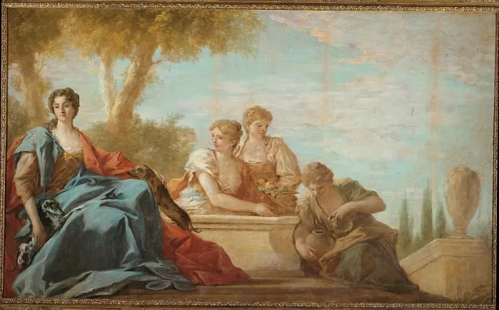 Framed Print : Portrait of a Woman with Her Two Dogs, by Antonio Pellegrini, 18th Century, - Italy, Veneto, Venice, formerly Mediocredito. All