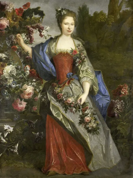 Framed Print : Portrait of a Woman, as Flora, by school of Nicolas de Largilliere, 1690-1740, French oil painting