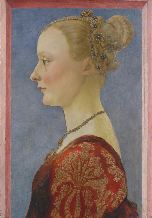 Framed Print : PORTRAIT OF A WOMAN, by Piero del Pollaiuolo, 1480, Italian Renaissance painting, tempera on wood. Profile of a young Florentine woman