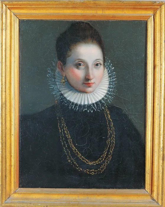 Framed Print : Portrait of a Woman (probably Lucrezia Borgia), by Anonymous artist, 1580 - 1599 about, 16th Century, oil on canvas, cm 56, 5 x 42, 5 - Italy, Marche, Pesaro Urbino, Urbino