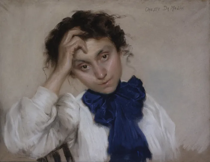 Framed Print : Portrait of young girl with blue tie, by Oreste da Molin, 1898 - 1903, 19th - 20th Century, canvas - Private collection. Whole artwork view. Female portrait