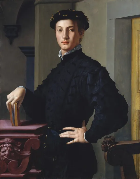Framed Print : PORTRAIT OF A YOUNG MAN, by Bronzino, 1530s, Italian Renaissance painting, oil on wood. The sitter is thought to be one of Bronzinos literary friends in Florence