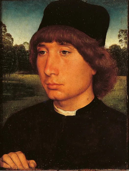 Framed Print : Portrait of a Young Man before a Landscape, by Hans Memling, 1480 about, 15th Century, panel, cm 26 x 20 - Italy, Veneto, Venice, Accademia Art Galleries. All