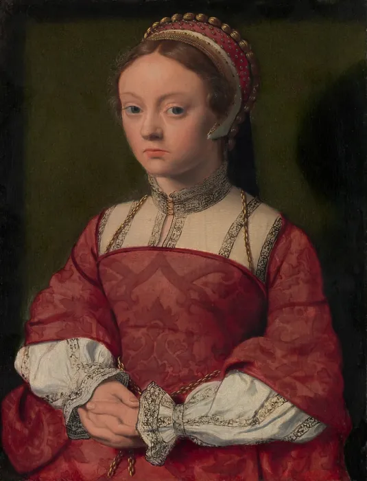 Framed Print : PORTRAIT OF A YOUNG WOMAN, 1535, Netherlandish, Northern Renaissance oil painting. She wears an embroidered high collared shift under a corset bodice dress Framed Print : PORTRAIT OF A YOUNG WOMAN, 1535, Netherlandish, Northern Renaissance oil painting. She wears an embroidered high collared shift under a corset bodice dress