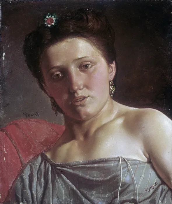 Framed Print : Portrait of a Young Woman, by Vincenzo Gazzotto, 1850 - 1899, 19th Century, oil on canvas - Private collection. Whole artwork view