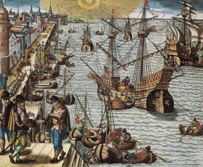 Framed Print : Portugal (16th c.). Departure from the harbor of Lisbon towards the Oriental IndiaAmerica and Brazil. Engraving. AISA / Everett Collection (17593)**US SALES ONLY**