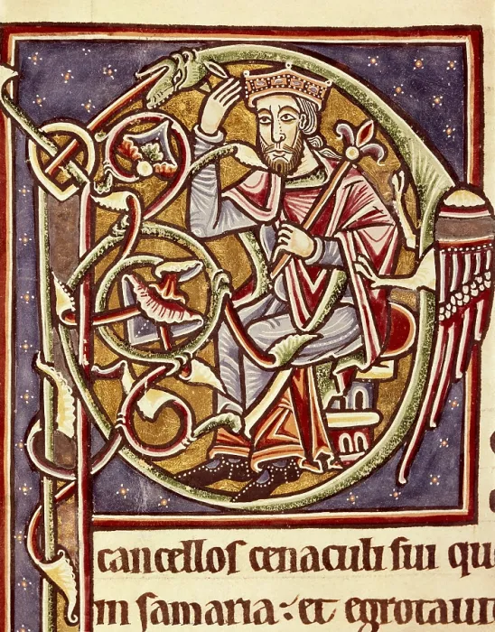 Framed Print : Portuguese Bible. Initial with representation of the king Ahaziah of Israel (Moab), 11th c. Romanesque art. Miniature Painting. PORTUGAL. Coimbra. Coimbra University Library