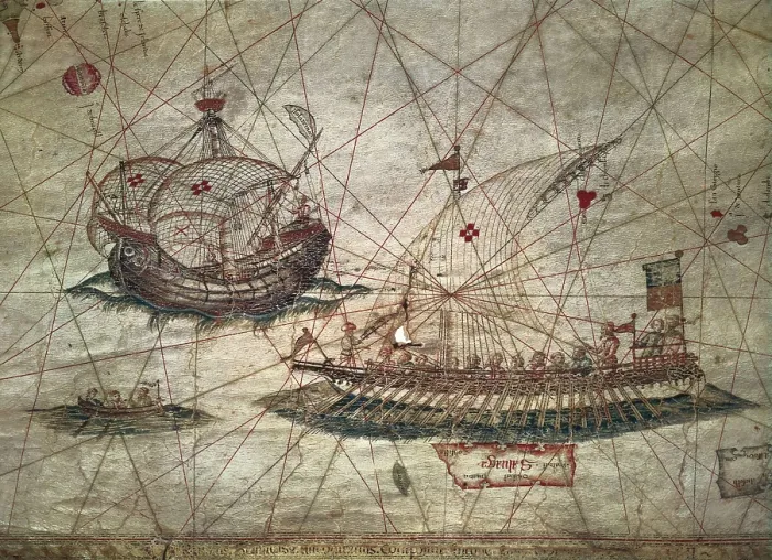 Framed Print : Portuguese galleys and caravels. Detail of a map by Grazioso Benincasa (1482). Painting. ITALY. Modena. Estense Library. AISA / Everett Collection**US SALES ONLY**