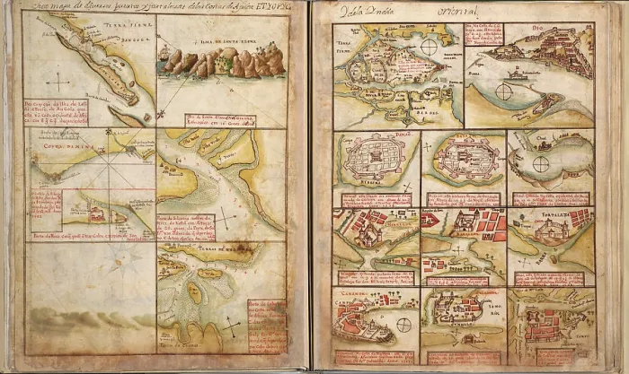 Framed Print : Portuguese maps showing views of port settlements and fortifications in Africa and Asia, from 1630 atlas Framed Print : Portuguese maps showing views of port settlements and fortifications in Africa and Asia, from 1630 atlas
