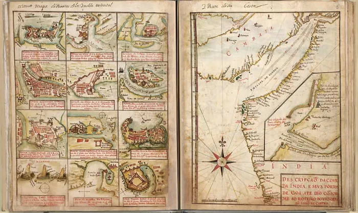 Framed Print : Portuguese maps showing views of port settlements and fortifications in Africa and Asia, from 1630 atlas Framed Print : Portuguese maps showing views of port settlements and fortifications in Africa and Asia, from 1630 atlas