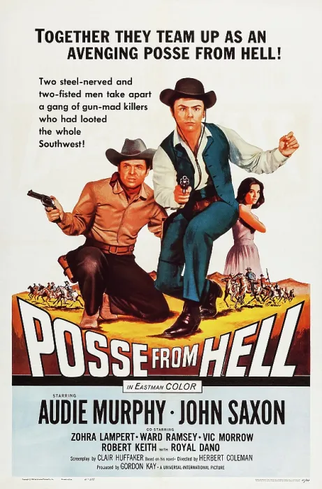 Framed Print : POSSE FROM HELL, US poster art, from left: Audie Murphy, John Saxon, Zohra Lampert, 1961