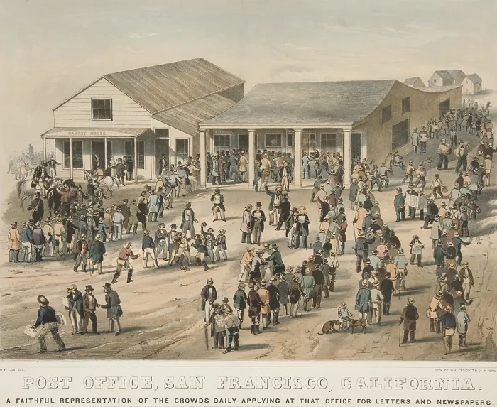 Framed Print : POST OFFICE, SAN FRANCISCO, CALIFORNIA. Crowds gathered daily to receive letters and newspapers, ca. 1850 (BSLOC_2020_1_67) Framed Print : POST OFFICE, SAN FRANCISCO, CALIFORNIA. Crowds gathered daily to receive letters and newspapers, ca. 1850 (BSLOC_2020_1_67)