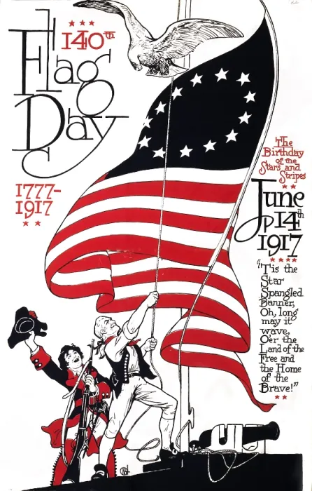 Framed Print : Poster for 140th flag day, 1777-1917, the birthday of the stars and stripes, the text continues: Tis the Star Spangled Banner, oh, long may it wave Framed Print : Poster for 140th flag day, 1777-1917, the birthday of the stars and stripes, the text continues: Tis the Star Spangled Banner, oh, long may it wave