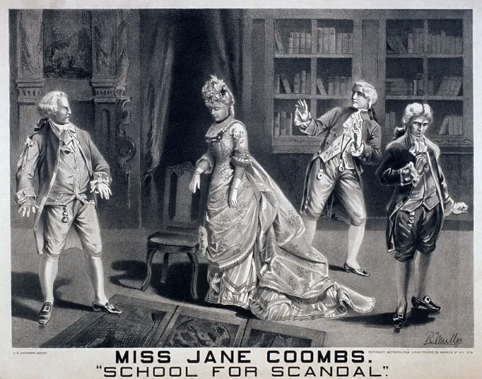 Framed Print : Poster for an 1879 American production of Richard Brinsley Sheridan's 1777 play, SCHOOL FOR SCANDAL, showing the crucial scene in which Sir Peter discovers his wife
