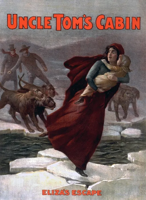 Framed Print : Poster for an 1881 theatrical production of Harriett Beecher Stowe's, Uncle Tom's Cabin showing Eliza escaping over the ice flows with bloodhounds in pursuit
