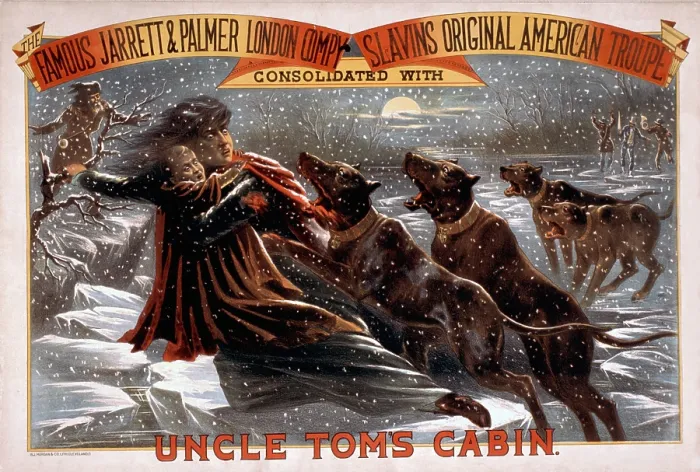 Framed Print : Poster for an 1881 theatrical production of Harriett Beecher Stowe's, Uncle Tom's Cabin showing Eliza escaping over the ice flows with bloodhounds in pursuit