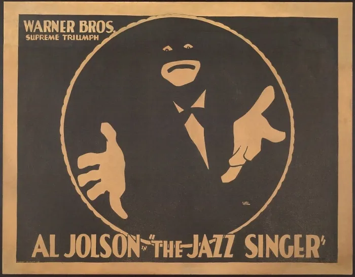Framed Print : Poster for the 1927 film, THE JAZZ SINGER, featuring a silhouette of a black faced singer played by Al Jolson (BSLOC_2020_2_26)