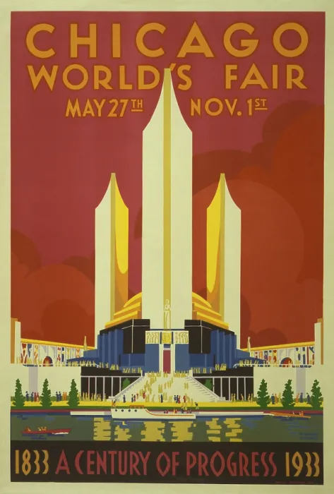 Framed Print : Poster for the 1933 Chicago world's fair, A Century of Progress'. Poster shows buildings with boats on water in foreground. (BSLOC_2013_8_224)