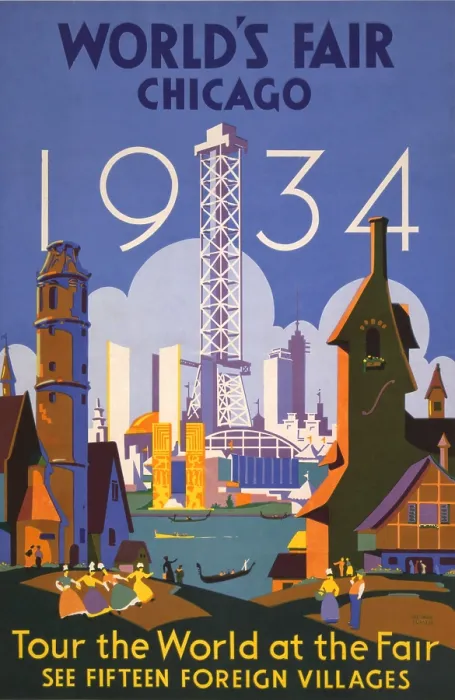Framed Print : Poster for the 1934 Chicago World's Fair showing the fairgrounds with Chicago skyline