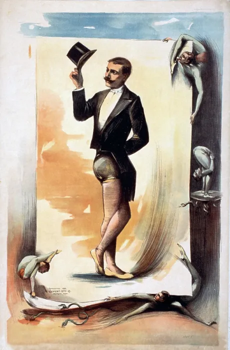 Framed Print : Poster advertising the act of a contortionist twisted so that his face and rear-end are oriented in the same direction. 1892