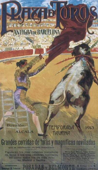 Framed Print : Poster advertising the bullfighting season at the old bullring of Barcelona (1913). Painting. AISA / Everett Collection**US SALES ONLY** Framed Print : Poster advertising the bullfighting season at the old bullring of Barcelona (1913). Painting. AISA / Everett Collection**US SALES ONLY**