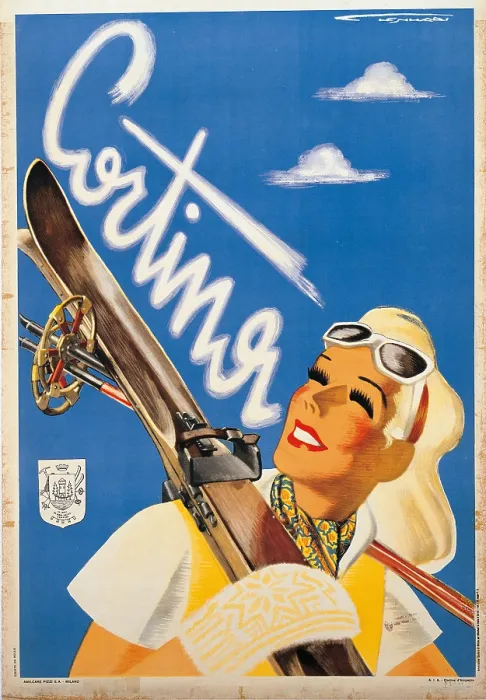Framed Print : Poster Advertising Cortina dAmpezzo, by Franz Lenhart, 1947, 20th Century, print, cm 110 x 70 - Private Collection Framed Print : Poster Advertising Cortina dAmpezzo, by Franz Lenhart, 1947, 20th Century, print, cm 110 x 70 - Private Collection