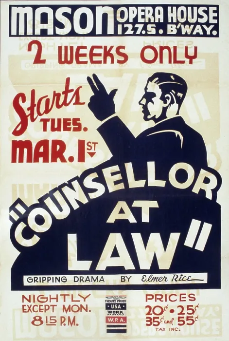 Framed Print : Poster advertising 'Counselor at law, ' a play written by American Elmer Rice (1892-1967) in 1931 the play would be made into a movie starring John Barrymore in 1933