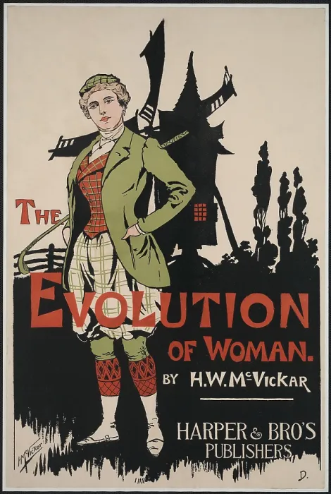 Framed Print : Poster advertising THE EVOLUTION OF WOMAN, a book of humorous illustrations of women through history, by H. M