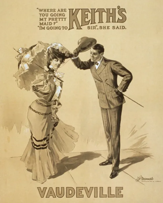 Framed Print : Poster advertising Keith's Vaudeville, original title: Where are you going my pretty maid? I'm going to Keith's Vaudeville, Sir, she said, W.J Framed Print : Poster advertising Keith's Vaudeville, original title: Where are you going my pretty maid? I'm going to Keith's Vaudeville, Sir, she said, W.J