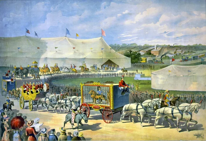 Framed Print : Poster of American circus parade with a caged lion, clowns, elephants, Roman chariots, and camels, with circus tent dominating the background. 1890