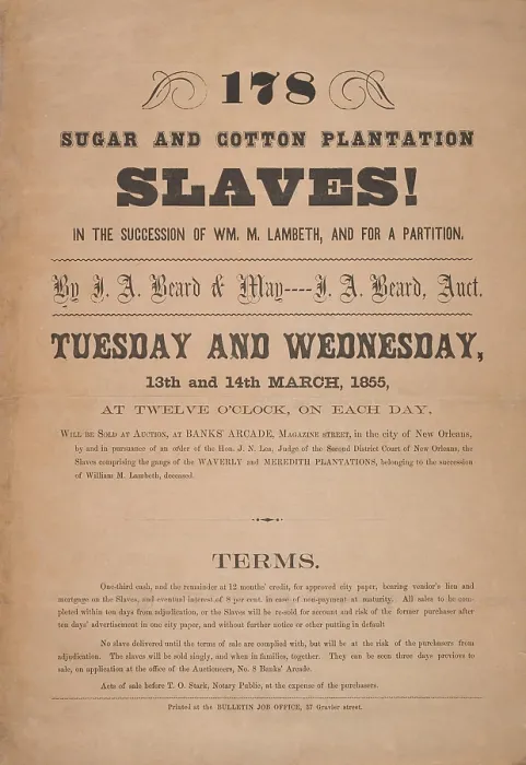 Framed Print : Poster announcing the auction of 178 sugar and cotton plantation slaves, in New Orleans, 1855