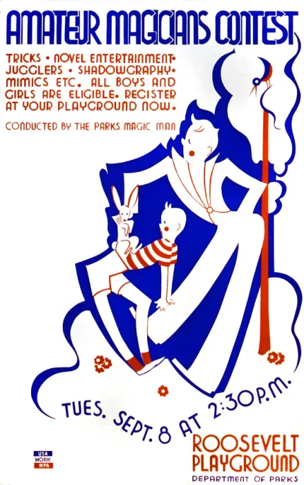 Framed Print : Poster announcing contest for amateur magicians at Roosevelt Playground, conducted by the Parks magic man, showing a magician performing a trick with a rabbit, and a boy Framed Print : Poster announcing contest for amateur magicians at Roosevelt Playground, conducted by the Parks magic man, showing a magician performing a trick with a rabbit, and a boy