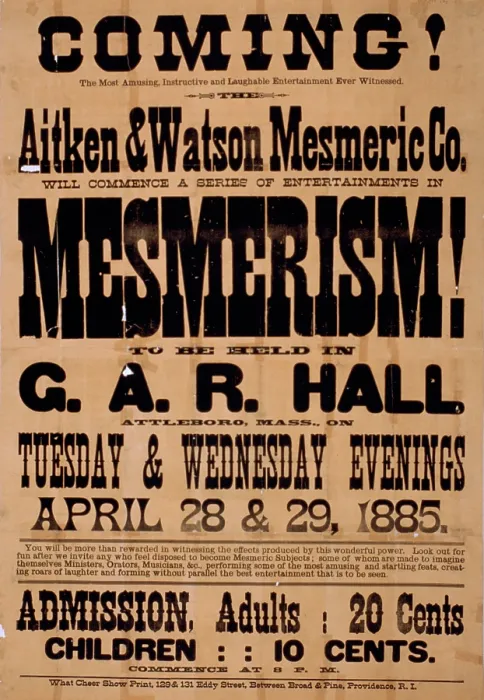 Framed Print : Poster announcing a magic show, reads: Coming! Aitken & Watson Mesmeric Co. will commence a series of entertainments in mesmerism! to be held in G.A.R. Hall, Attleboro, Mass