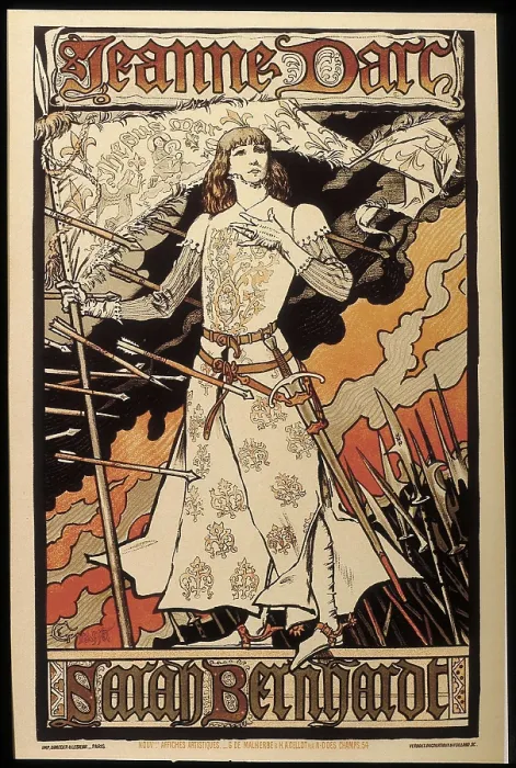 Framed Print : Poster announcing the performance of Joan of Arc by Sarah Bernhardt in the Renaissance Theater. Work by Eugene Grasset. Art Nouveau. Painting. Private Collection