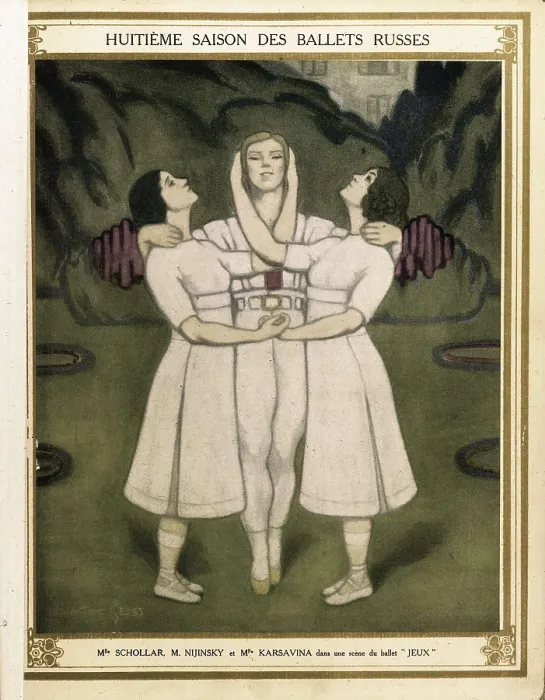 Framed Print : Poster of 'Ballets Russes' in a scene of Claude Debussy's 'Jeux'. It shows the dancers: Ludmilla Schollar, Vaslav Nijinsky and Tamara Karsavina. FRANCE Framed Print : Poster of 'Ballets Russes' in a scene of Claude Debussy's 'Jeux'. It shows the dancers: Ludmilla Schollar, Vaslav Nijinsky and Tamara Karsavina. FRANCE