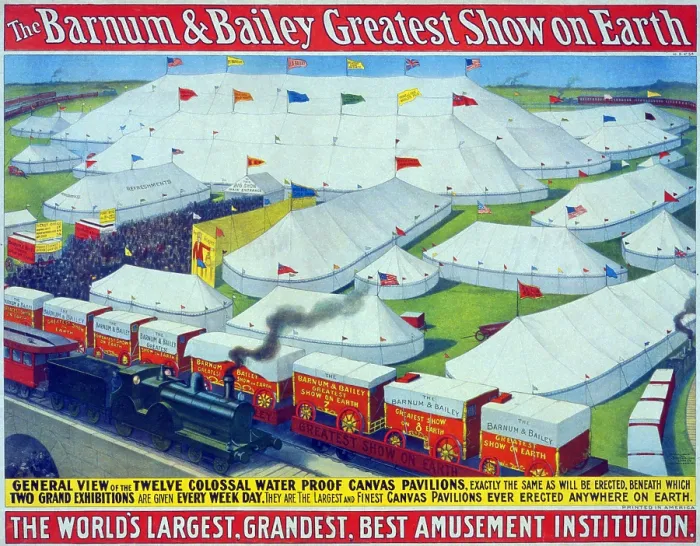 Framed Print : Poster for Barnum & Bailey circus with general view of main tent, smaller tents, a circus train, and arriving audience. 1899