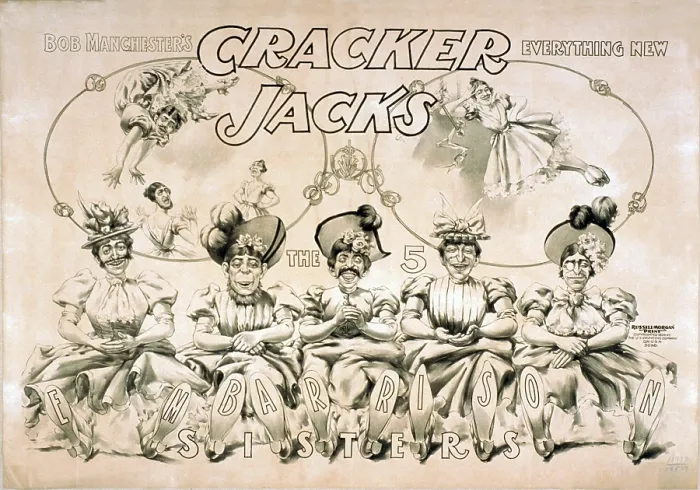 Framed Print : Poster for Bob Manchester's Cracker Jacks everything new vaudeville troupe as The 5 Embarrison Sisters. Prior to becoming the name of a brand of candied Framed Print : Poster for Bob Manchester's Cracker Jacks everything new vaudeville troupe as The 5 Embarrison Sisters. Prior to becoming the name of a brand of candied