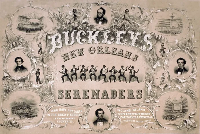 Framed Print : Poster for BUCKLEY NEW ORLEANS SERENADERS, a touring minstrel show of the 1850's, includes portraits of the white entertainers who appeared in blackface Framed Print : Poster for BUCKLEY NEW ORLEANS SERENADERS, a touring minstrel show of the 1850's, includes portraits of the white entertainers who appeared in blackface