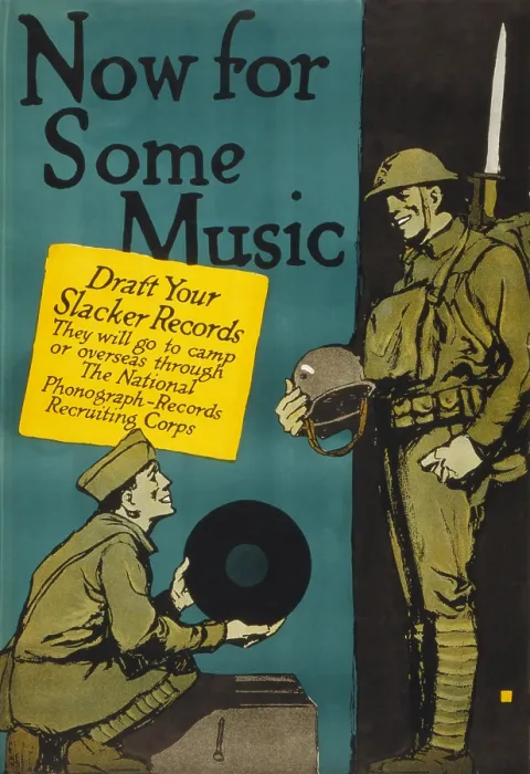Framed Print : Poster by Charles Buckles, showing a World War I soldier about to play a record as another looks on, titled Now for some music Framed Print : Poster by Charles Buckles, showing a World War I soldier about to play a record as another looks on, titled Now for some music