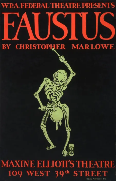 Framed Print : Poster for Faustus, text reads: W.P.A. Federal Theatre Presents Faustus, by Christopher Marlowe, Maxine Elliott's Theatre, New York City, circa late 1930s Framed Print : Poster for Faustus, text reads: W.P.A. Federal Theatre Presents Faustus, by Christopher Marlowe, Maxine Elliott's Theatre, New York City, circa late 1930s